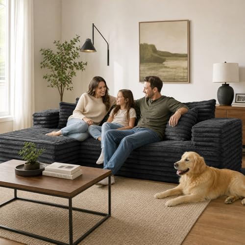 Image of 2 inch Corduroy Boneless Couches for Living Room, L Shape Sofa with Chaise | 102.4 inch Modular Sectional Sofa, Cloud Couch Sectional with Deep Seat, No Assembly, Black, Left Chaise