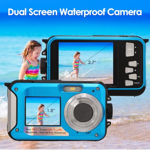 Zopsc Dual Screens Waterproof Digital Camera showing front and rear screens