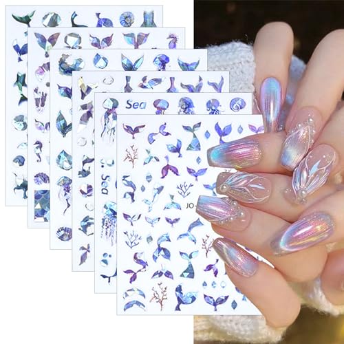 Kehkfsef 973KEHKFSEF 6 Sheets Ocean Mermaid Tail Nail Stickers Decals 3D Self Adhesive Summer Beach Nail Decals Fishtail Shellfish Starfish Nail Art Stickers Ocean Animal World Nail Design cover