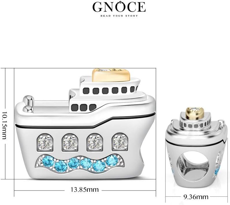 GNOCE Cruise Ship Charm Bead 925 Sterling Silver Guide Your Own Ship Charm with Aquamarine CZs Fit for Bracelet/Necklace Charm Gifts for Women Men
