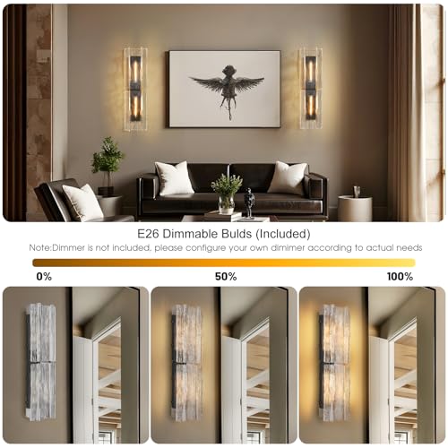 Modern Black Wall Sconce,30in Large Clear Glass Wall Sconces with Water Ripple Glass,Indoor Hardwired Wall Sconces for Large Spaces,for Living Room,Hallway,Stairway Sconces Wall Lighting,Included E26
