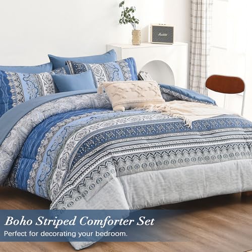 Image of Cottolester Boho Comforter Set Full Size,8 Pieces Blue and Grey Bohemian Striped Bed in a Bag,Paisley Soft Microfiber Bedding Comforter Set