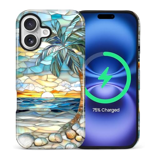 artslion for iPhone 17 Case for Women Girl Men Boy, Compatible with MagSafe, Shockproof Soft Silicone & Hard PC Shell Protective Case for iPhone 17 - Beach Palm Tree Shell Coastal