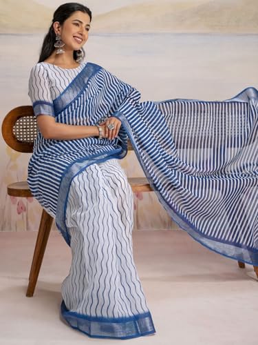 Image of Satrani Women's Linen Printed Ready To Wear Saree with Unstitched Blouse Piece