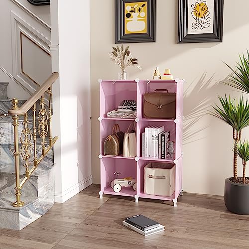 Image of AWTATOS Cube Storage Organizer Protable Closet Organizers and Storage for Kids DIY Stackable 6 Cubes Storage Shelves Clothes Organizer for Bedroom, Home, Pink