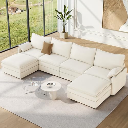 Image of Vesgantti 142 inch U Shaped Sectional Couch, Comfy Cloud Modular Sectional Sofa with 2 Ottoman Deep Seat Chenille Modern Cloud Sofa, Modular Sofas for Living Room, Bedroom and Apartment, Snow White