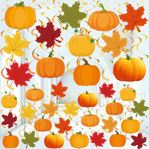 Image of 72 Pcs Fall Hanging Decoration Swirls Gold Pumpkin Maple Leaf Fall Party Decoration Orange Thanksgiving Autumn Ceiling Office Hanging Decor for Home Birthday Party Favors Supplies