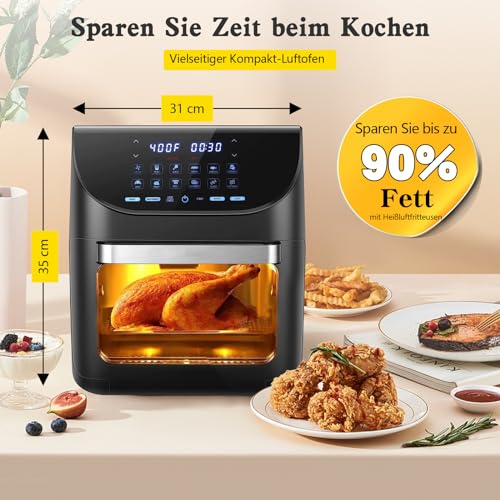 PRIJESSE Heißluftfritteuse 12L mit LED-Touchscreen, 12 Liter Air Fryer, 1700W Mini Backofen, ohne Öl, Dörrautomat Funktion, 12 Programme, inkl. Rezeptheft und Zubehör – Bild 6