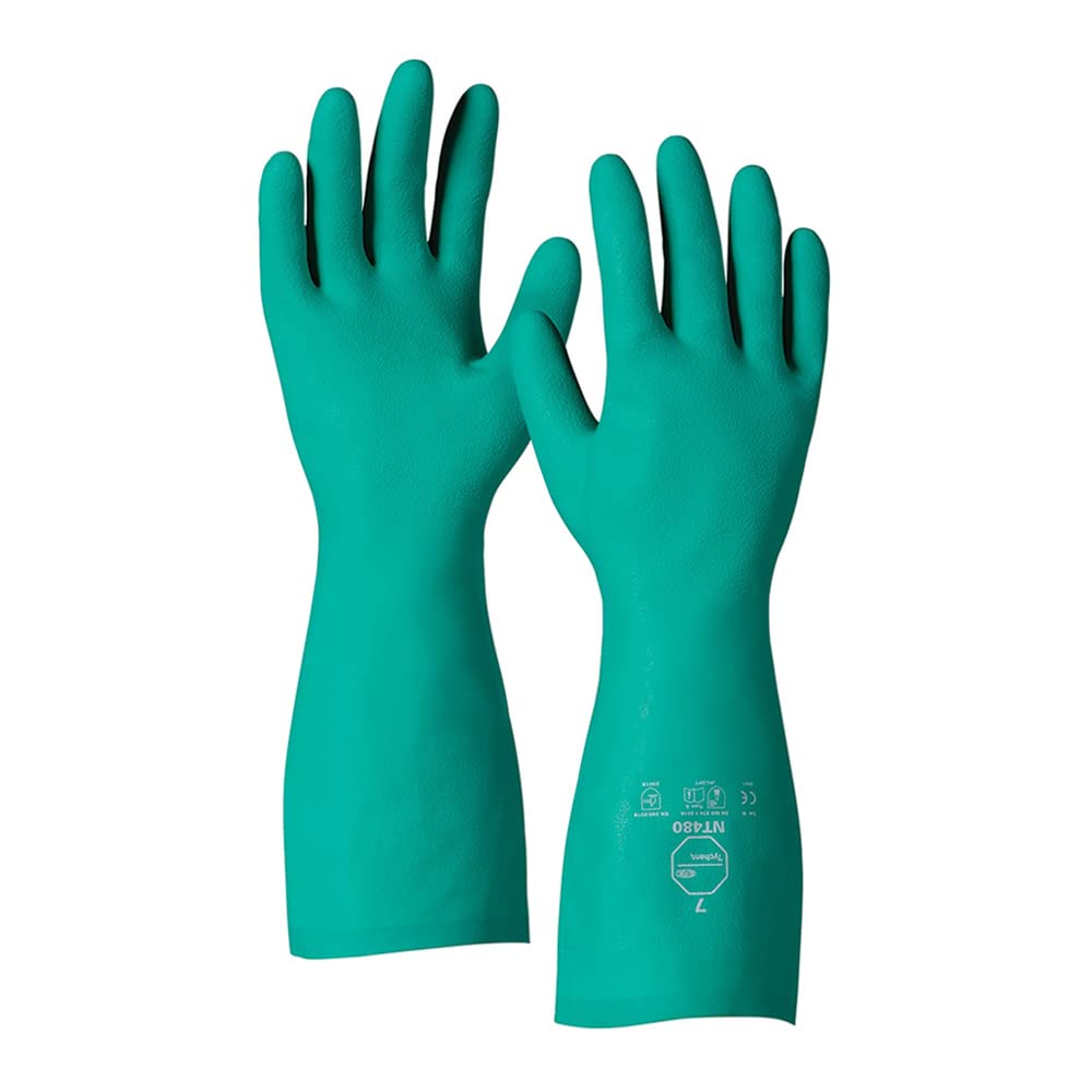 DuPont Tychem NT480 - Guantes de protección química de nitrilo, 15-mil (0,38 mm), categoría III, verde, talla 7/S, caja con 144 pares