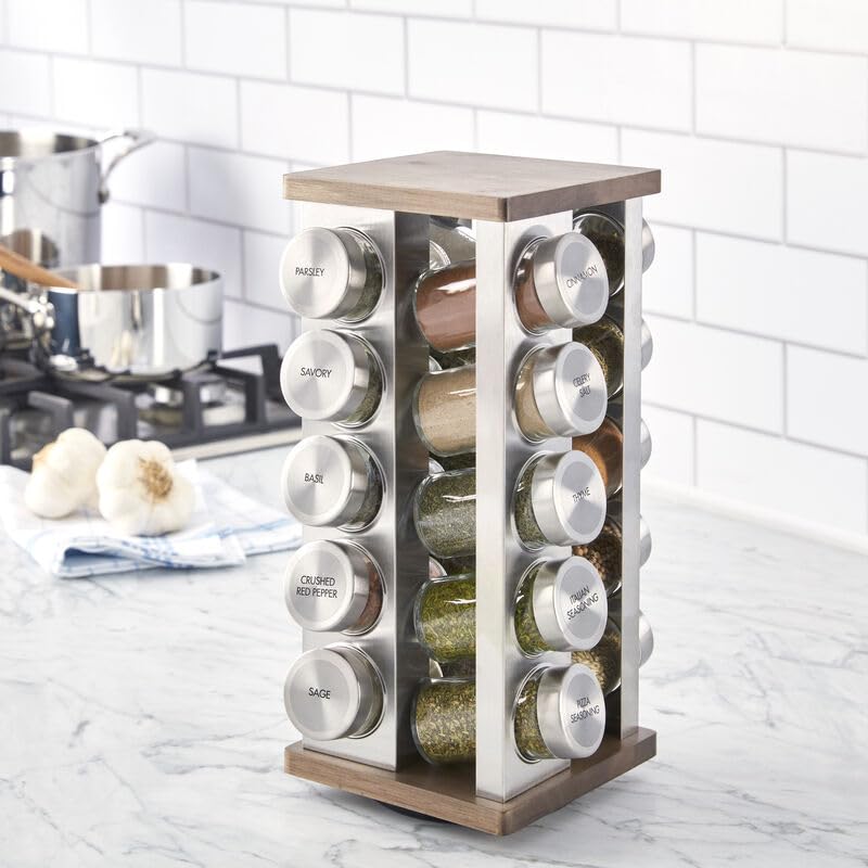 Image of Kamenstein 20 Jar Vintage Revolving Countertop Spice Rack Organizer with Spices Included, FREE Spice Refills for 5 Years, Wood and Stainless Steel with Metal Caps