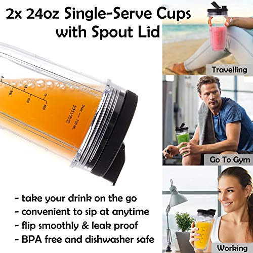 Revorit Blender Replacement Parts for Ninja, 2 24oz Cups with To-Go Lids, 7 Fins Extractor Blade, for Nutri Ninja Auto iQ BN801 SS101 BL480-30 BL641 BL642-30 (5 Pack)