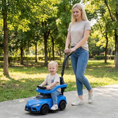 Licensed Toyota Ride on Push Car for Toddlers by INFANS, 3 in 1 Walking Sliding Toy with Removable Guardrails and Handle, Music, Under Seat Storage for Kid (Blue)