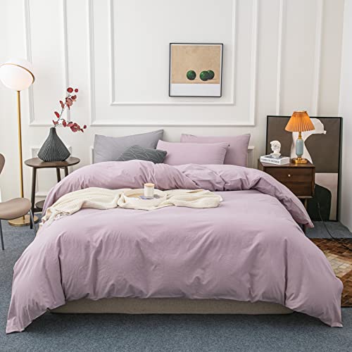 Janlive Washed Cotton Duvet Cover Queen Ultra Soft 100% Cotton Solid Color Lilac Duvet Cover Set with Zipper Closure -3 Pieces Taro Purple Queen