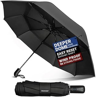 Vented Travel Umbrella | Strong Compact Windproof Umbrella | Deep Dome Coverage | Auto Open/Close | Portable Pop Up with Large Coverage | Fits Car & Backpack
