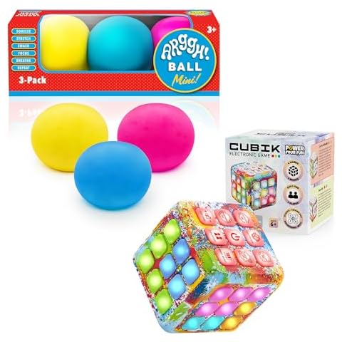 Power Your Fun Arggh Mini Stress Balls and Cubik Tie Dye LED Flashing Cube Memory Game - 3pk Squishy Stress Balls Color Changing Fidget Toys and (1) Electronic Handheld Game 5 Brain Memory Games Cover
