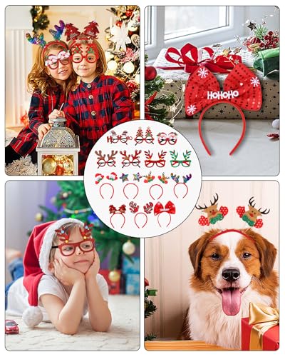 SOBEAU 14 Stück Brillen Haarreif Weihnachten,Weihnachtsbrillen Partybrillen Spassbrillen Weihnachten Rentier Kostüm Stirnbänder Tannenbaum & Weihnachtsmann Kopfbedeckung