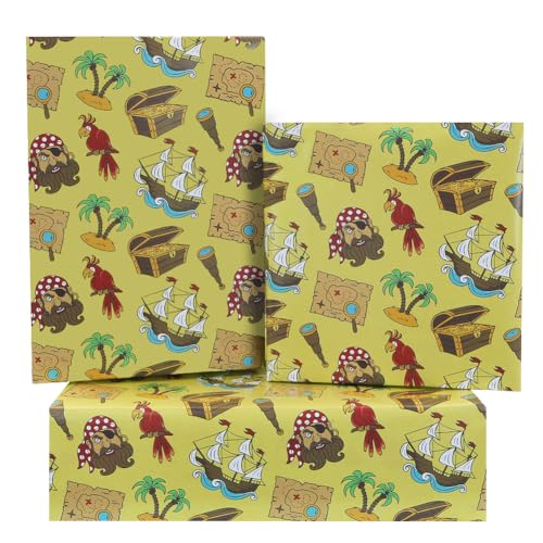 Papier cadeau pour fête d'anniversaire enfants motif île aux pirates jaune, 4 feuilles