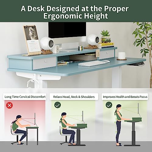 Image of FEZIBO Height Adjustable Electric Standing Desk with Double Drawer, 48 x 24 Inch Stand Up Table with Storage Shelf, Sit Stand Desk with Splice Board, White Frame /Blue Top