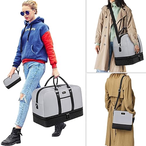 Image of Weekender Bag for Women, Large Overnight Bag Canvas Travel Duffel Bag Carry On Tote with Shoe Compartment 21 inch 3Pcs Set, A19-black+dark Grey, Large, Practical and Fashion