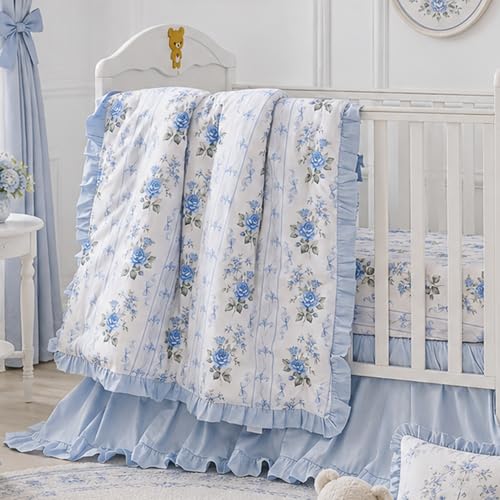 Image of Brandream Organic Cotton Crib Fitted Sheets for Baby Girls, Cottagecore Fitted Crib Sheet for Standard Crib and Toddler Mattress Super Soft Baby Sheet French Country Coquette Blue Floral Stripe Print
