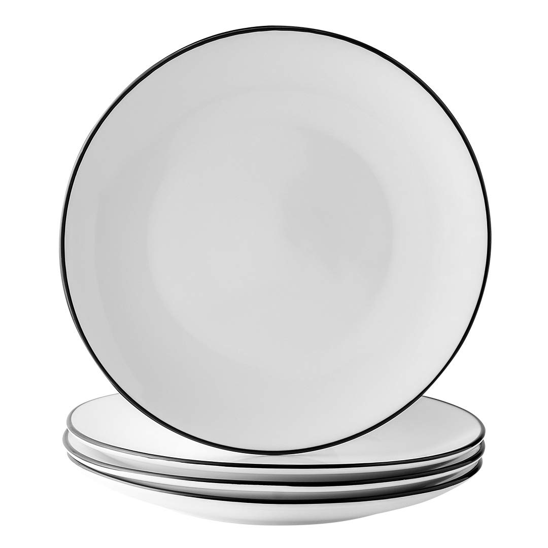 YOLIFE 10 inch Porcelain Dinner Plate Set of 4, Round White Plates with Black Edges