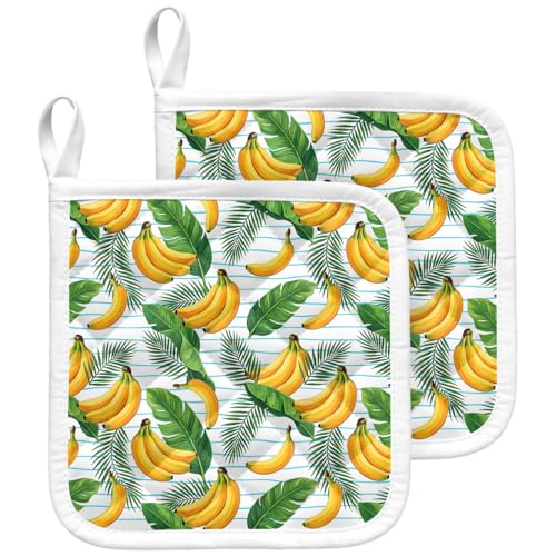 2 Pack Pot Holders for Kitchen, Tropical Leaves Fruit Bananas