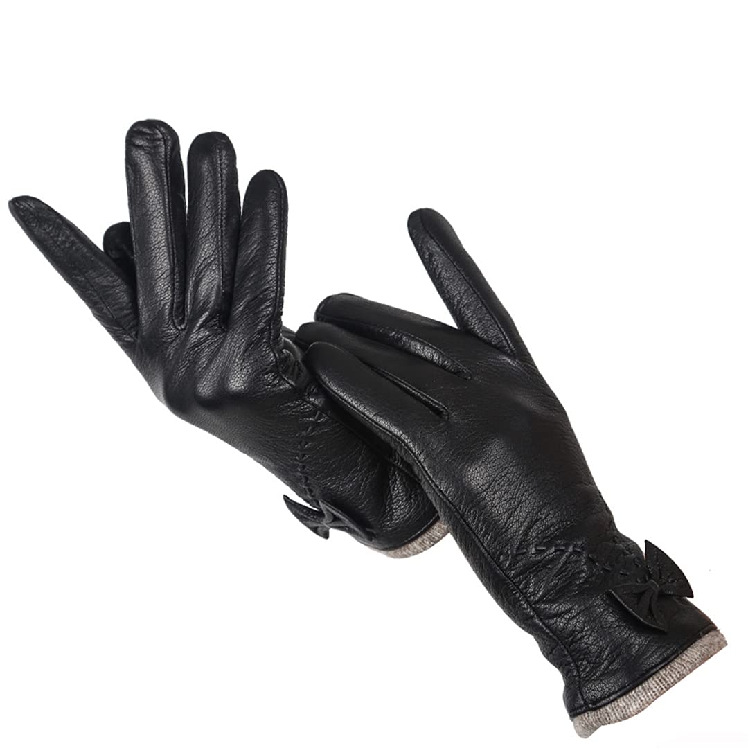 Guanti in pelle invernale per donna Guanti in pelle Guanti da guida antivento per esterni con fodera calda Black 8