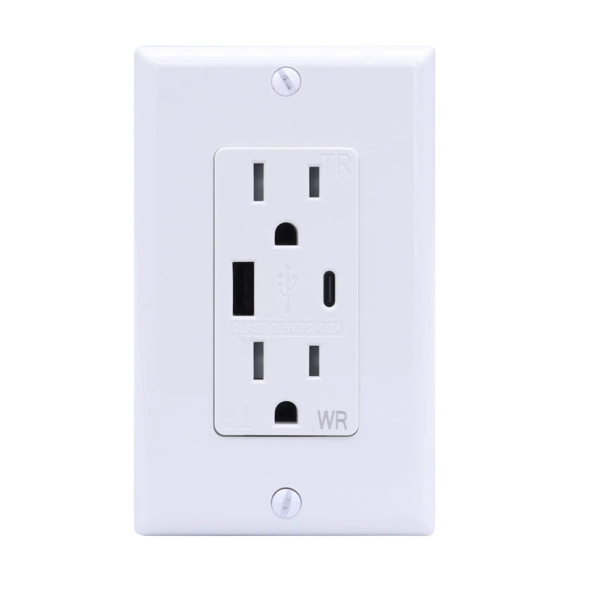 Decorative Duplex 15Amp Tamper Weather Resistant Receptacle with USB A and C Charger Ports, Wallplate Included, Childproof USB Outlet, USB Inwall Outlet UL Listed, White