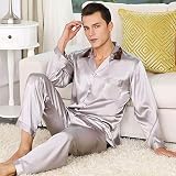 CIDCIJN Herren Pyjama Set,Mode Herren Pyjamas Seide Satin Langärmelige Sets Bequem Mantel + Hose Elastische Taille Luxus Nachtwäsche Anzug Print Herren Pyjama Set, Rosa, 3XL