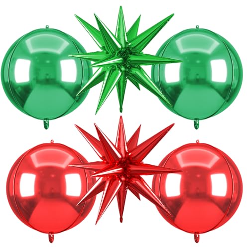 Image of 6pcs 22 inch Green Red Star Balloons and 4D Large Foil Balloons, Green and Red Star Balloon 4D Foil Aluminum Balloon For Christmas Birthday Baby Shower Party Wedding Anniversary Bridal Shower Decor