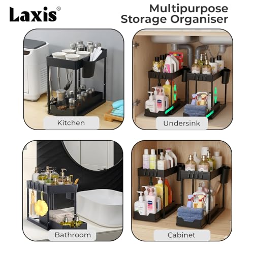 Image of LAXIS Under Sink Storage Organizer, 2 Tier Pull Out Cabinet Organizer with Sliding Drawer and Hooks, Adjustable Height Under Sink Organizer Rack for Storage Multipurpose, Black