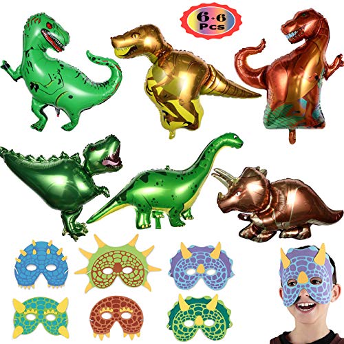 YuChiSX 6 Pièces Ballon de Feuille de Dinosaure,6 Pièces Masques de Dinosaure,Foil Dinosaur Balloons Gonflable pour Fournitures De Fête Mariage Anniversaire Baptême Fête d'anniversaire Dinosaure Fête