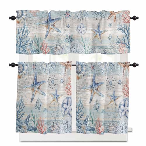 Coastal Starfish Kitchen Curtains 24 Inch Length, 3 Piece Rod Pocket Small Half Tiers and Valance Set, Blue Nautical Coral Seashell Wooden Small Large Window Treatment Decor for Bedroom/Bathroom Sink