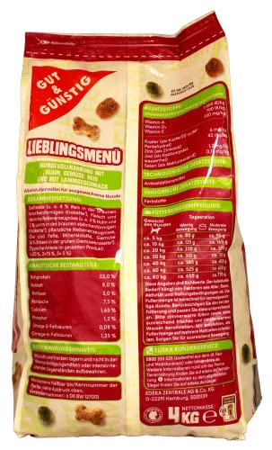 Gut & Günstig Lieblingsmenü Hundevollnahrung mit Huhn, Gemüse, Reis und Lammgeschmack, 4er Pack (4 x 4 kg)