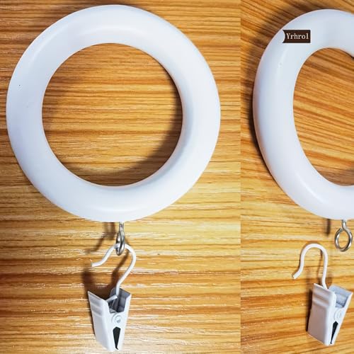 20 Pack Wooden Drapery Curtain Rod Rings with Clips 3 Inch Outer Diameter White Farmhouse Beech Wood Carved Drapes Rings 1.8 Inch Interior Diameter for 1-1.5 Inch Curtain Rod Pole (White)