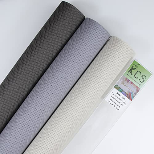 Image of KCS 3 pc of 15 inch x 18 inch Counted Cross Stitch Cotton Aida Cloth Needlework Fabric,14CT,Pearl Grey +Light Steel Grey+Dark Grey