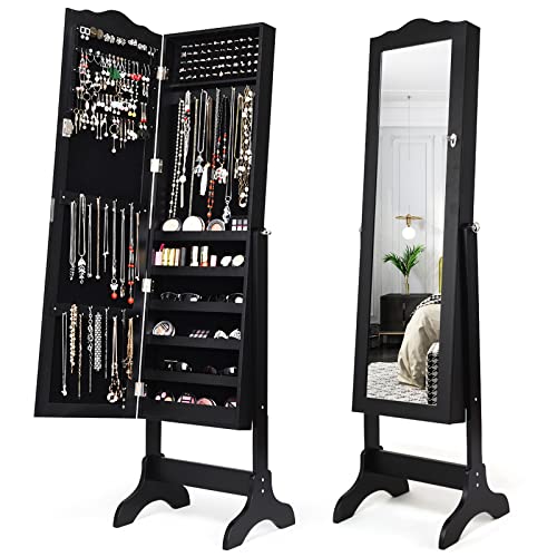 COSTWAY Armoire à Bijoux sur Pied avec 2 Organiseurs Cosmétiques Amovibles, Angle Réglable avec Serrure Rangement Compartimenté pour Toutes Sortes de Bijoux Style Sobre et Soigné (Noir)