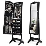 COSTWAY Mirror Jewelry Cabinet, 4-Angle Tilting Jewelry Organizer with Full-length Mirror & Large Capacity, Lockable Standing Jewelry Armoires for Bedroom, Dressing Room (Black)