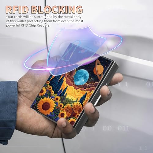 Image of Slim Credit Card Holder, Starry Sunflowers Cosmic Planet RFID Blocking Metal Wallet for Men & Women, Aluminum Minimalist Hard Case Pocket-Sized Business Cards Organizer (Fits Up to 10 Cards)