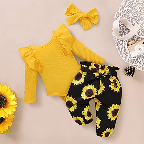 veikimous 12-18 Month Girl Clothes Baby Girl Fall Winter Yellow Sunflower Outfits Infant Pants Set Clothing with Headband