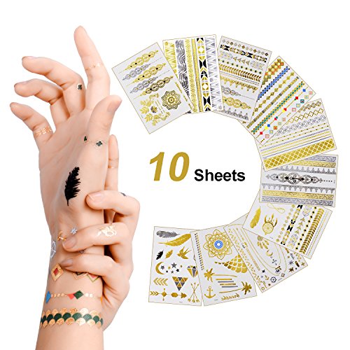 Temporary Tattoos, Metallic Gold Body Glitter Henna Tattoo Temporary Tattoo for Women Adult Kids Festival Accessories Costume