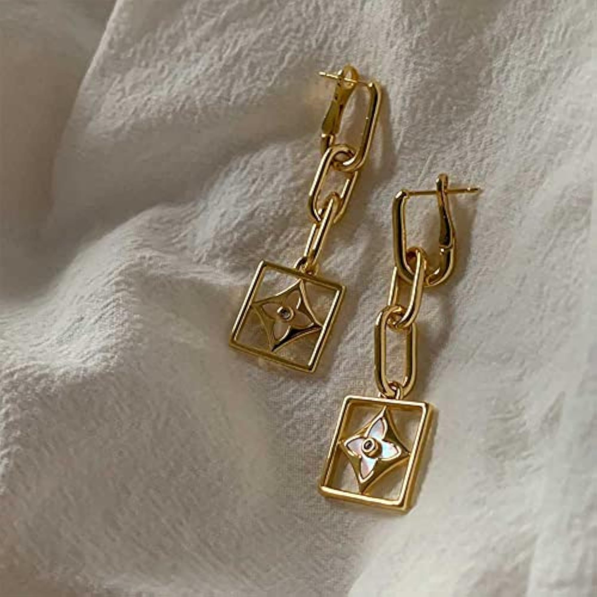 Link Chain Flower Drop Earrings, Trendy Dangling Geometric