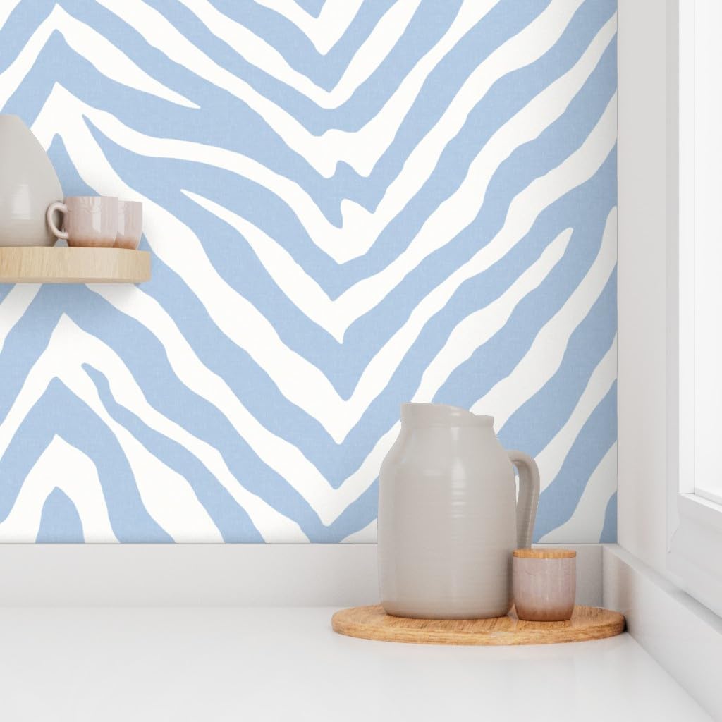 Peel & Stick Wallpaper Swatch - Ligh Blue Zebra Stripe Large Scale Animal Print Tropical Custom Removable Wallpaper by Spoonflower