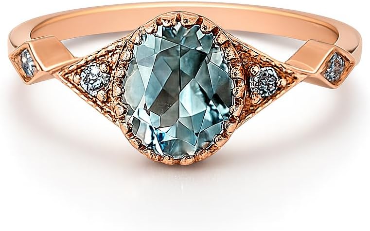 Rose Gold Vintage-Style Ring with Oval Blue Gemstone & Accent Diamonds – Elegant Women’s Fine Jewelry Gift Christmas Ring For Love