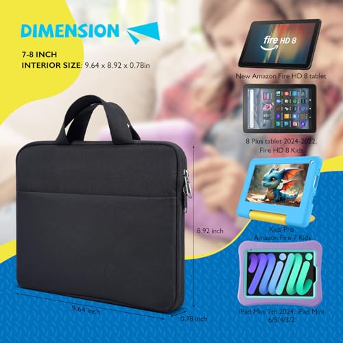 Image of 7-8 Inch Tablet Sleeve Carrying Case for Fire 7 Kids, Fire HD 8 Kids /Kids Pro, Fire HD 8 Tablet /8 Plus Tablet 2024-2022, All Versions of Fire 8 /7 Kids Edition, iPad Mini 7 /6 /5 /4 Tablet Bag, Black