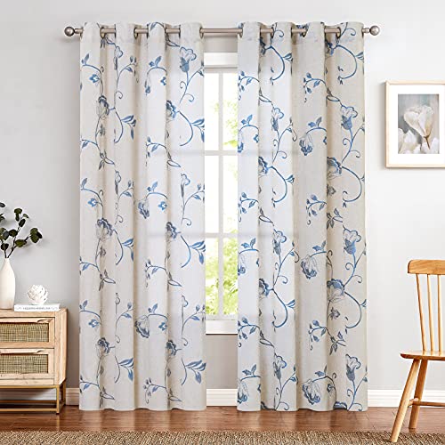 Jinchan Linen Curtains For Living Room Light Filtering Floral Embroidered Curtains Flax Look Farmhouse Curtains Scroll Embroidery Curtain Set Grommet Top 2 Panels 84 Inches Long Blue On Beige #TOP1