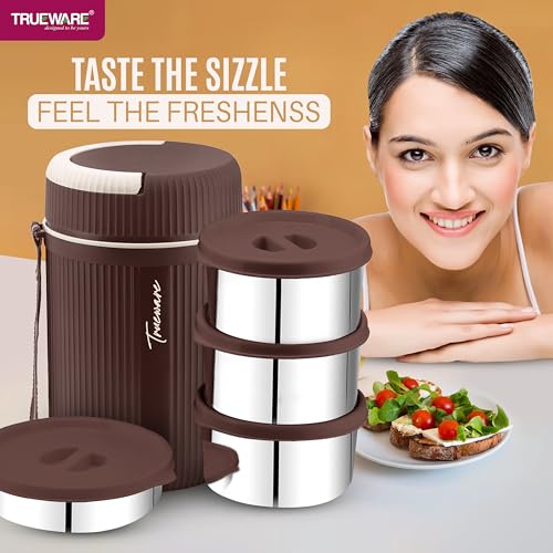 Image of Trueware Plastic Grub 4 Double Wall Insulated Hot Lunch Box with 3 SS Container 300 Ml Each & 1 SS Container 200Ml | BPA Free | Food Grade | Hot and (LBI-GRB-004-Brown BAZ)