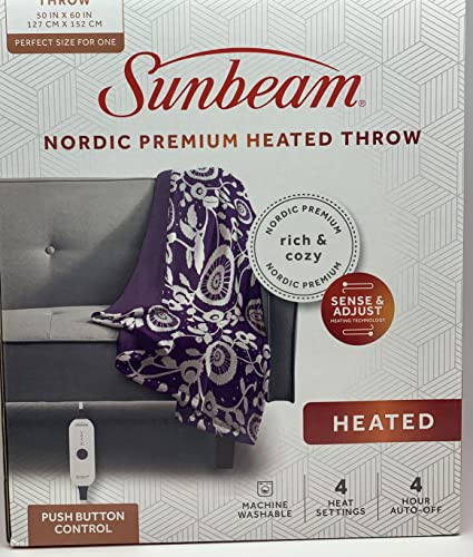 Sunbeam Electric Heated Throw Blanket Nordic Premium Plush With 4 Heat Settings Controller, Auto Shut-Off, Machine Washable Ul Certified 50" X 60" (Purple Floral) #TOP6