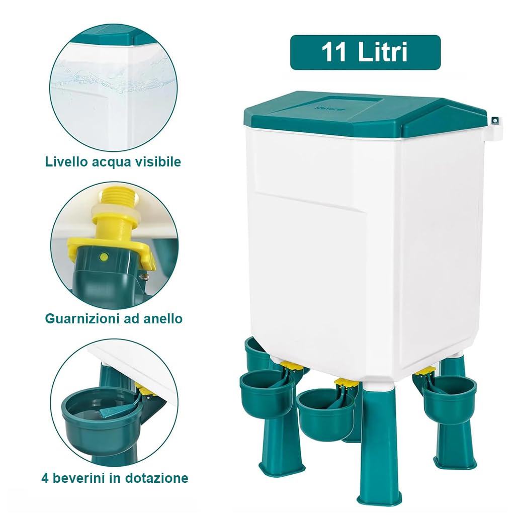 Easy Media Abbeveratoio 12 kg + Mangiatoia 11 L per Galline, Anatre, Oche, Polli, Pollame – sistema automatico, antispreco, con 4 Beverini e 3 Bocche di Alimentazione