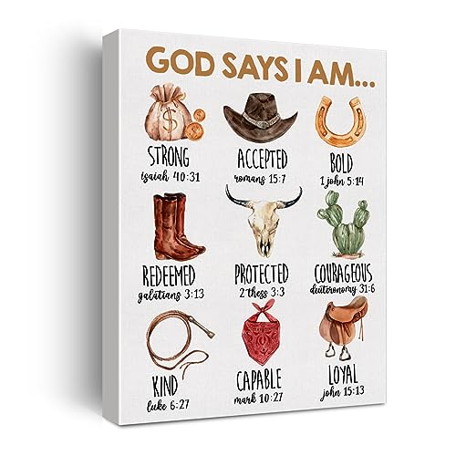 Image of Hijie Inspirational God Says I Am Cowboy Western Poster Canvas Wall Art for Home Decor Christian Bible Verses Wild West Canvas Print Painting Ready to Hang Gifts - Easel & Hanging Hook 12x15 Inch